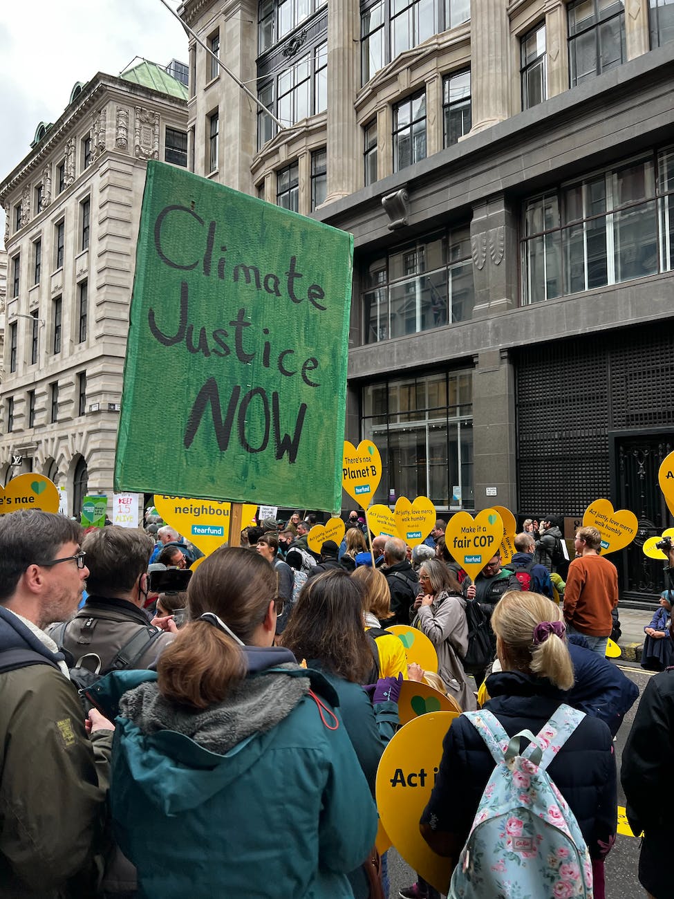 crowd holding climate change protest signs